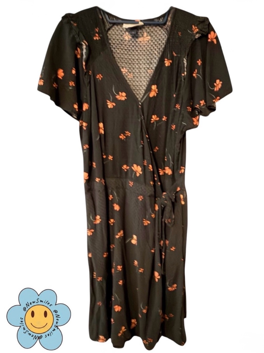 Universal Thread ~Wrap Dress ~Black & Orange w/ a Bit of Yellow Flowers ~V-Neck